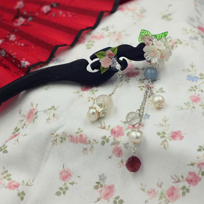 Handcrafted Rosewood Hairpin with Agate, Quartz & Pearls | Black Wooden Hair Stick | Vintage Floral Tassel Hair Accessory