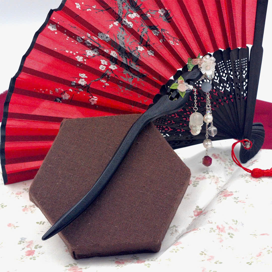 Handcrafted Rosewood Hairpin with Agate, Quartz & Pearls | Black Wooden Hair Stick | Vintage Floral Tassel Hair Accessory