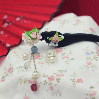 Handcrafted Rosewood Hairpin with Agate, Quartz & Pearls | Black Wooden Hair Stick | Vintage Floral Tassel Hair Accessory